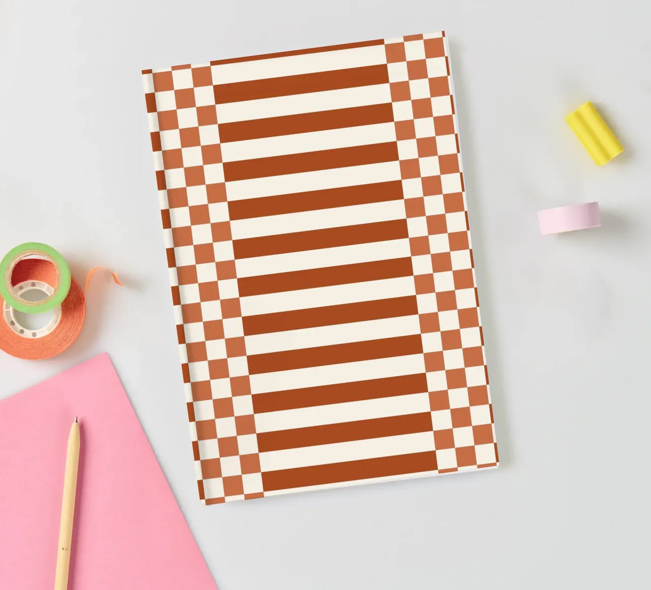 Burnt orange checks and lines notebook by TijanaArtStudio88
