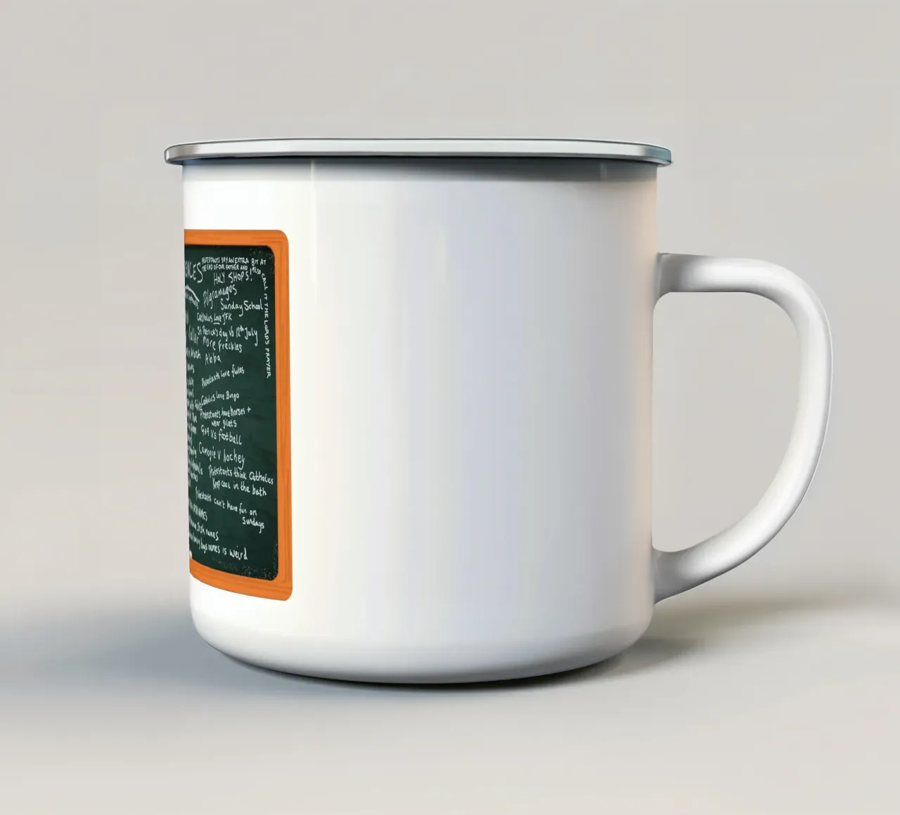 Differences between Catholics and Protestants - Derry Girls tazza in smalto da Melty Shirts