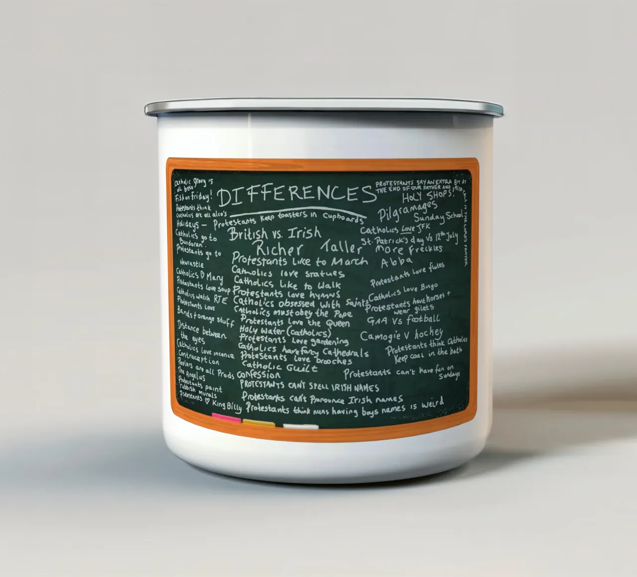 Differences between Catholics and Protestants - Derry Girls tazza in smalto da Melty Shirts