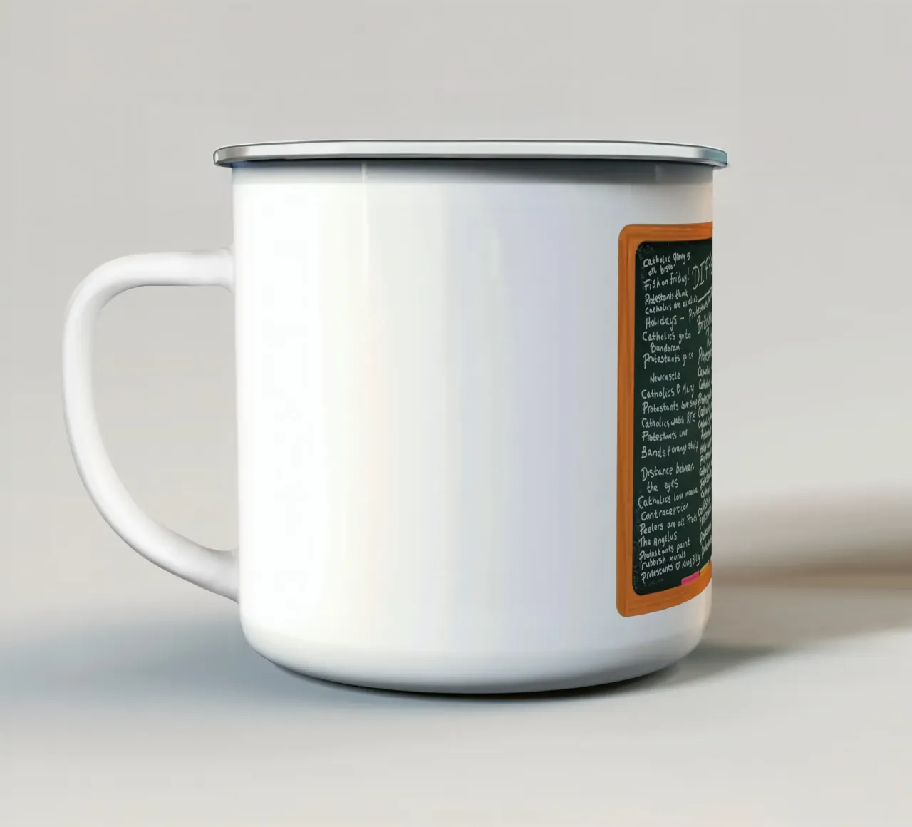 Differences between Catholics and Protestants - Derry Girls tazza in smalto da Melty Shirts