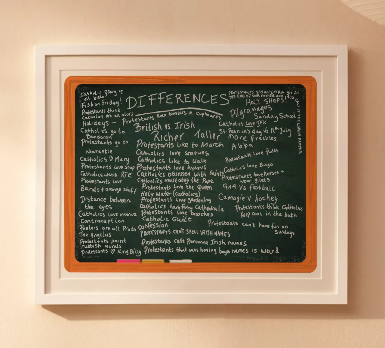 Differences between Catholics and Protestants - Derry Girls poster with wooden frame by Melty Shirts