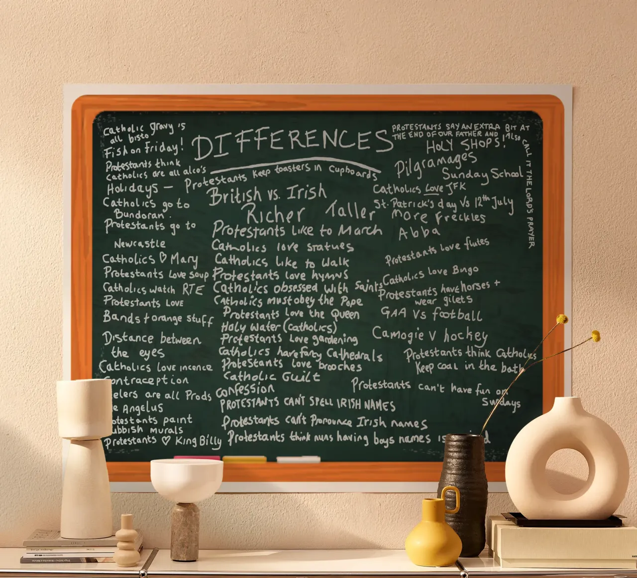 Differences between Catholics and Protestants - Derry Girls poster with wooden frame by Melty Shirts