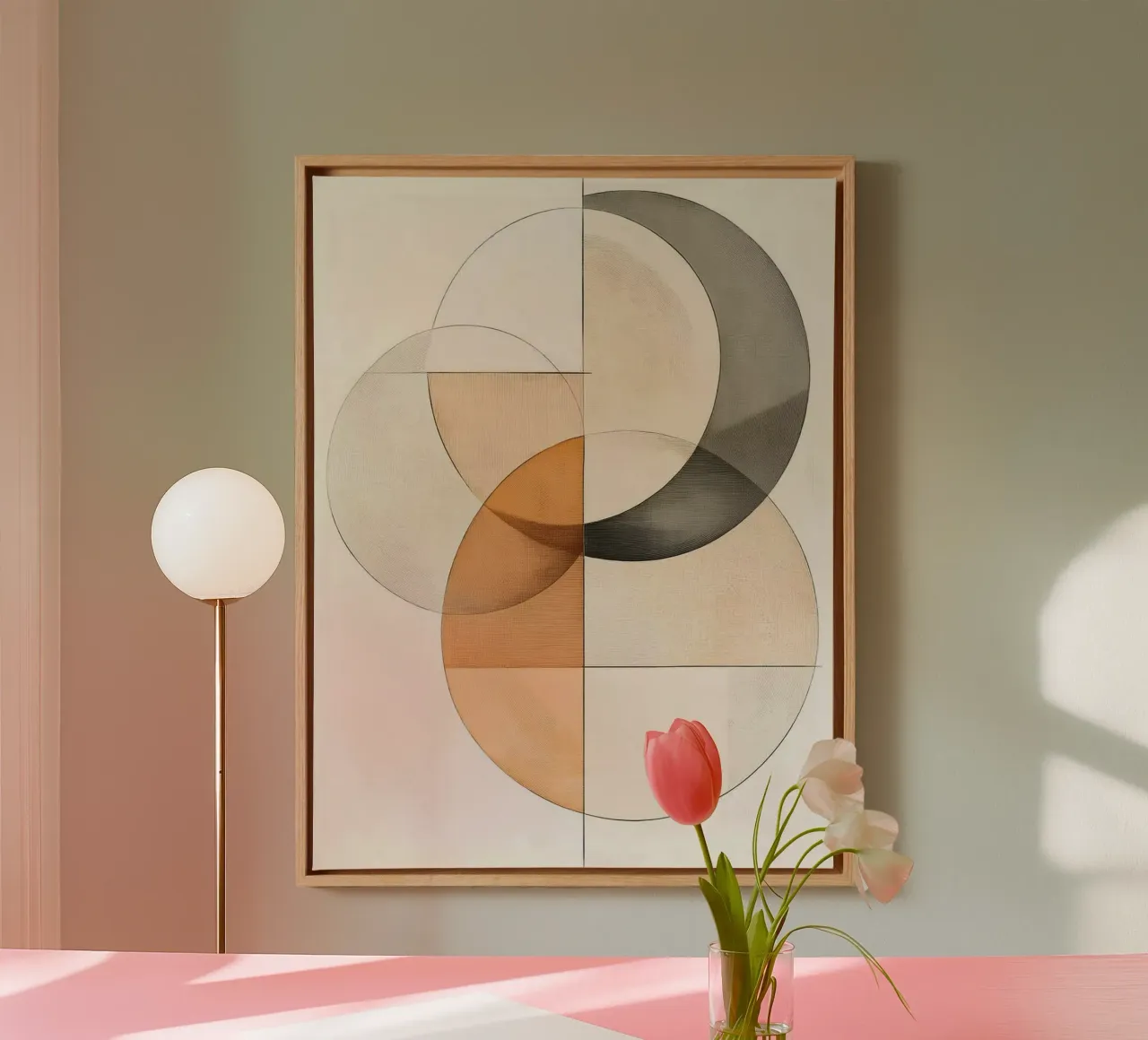 Abstracte vormen in zandkleuren canvas met Baklijst van Imagine