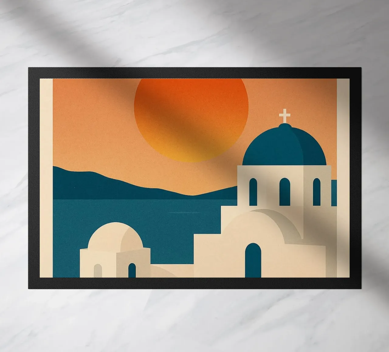 Tramonto a Santorini - Cupole blu e Mar Egeo zerbino da JETLAG | affiches voyage