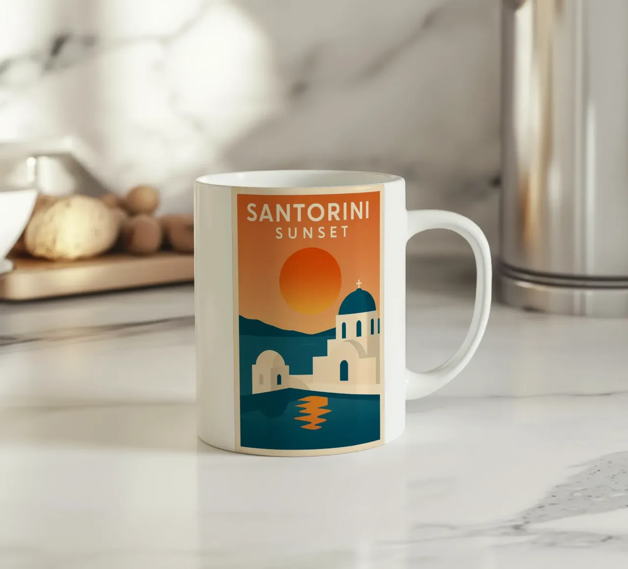 Tramonto a Santorini - Cupole blu e Mar Egeo tazza in ceramica da JETLAG | affiches voyage