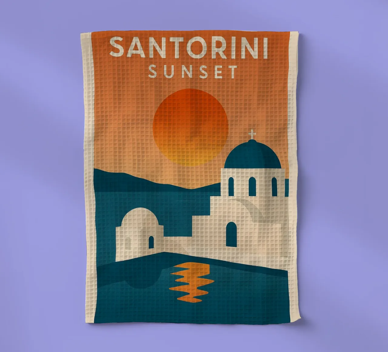 Santorini Sunset – Dômes Bleus et Mer Égée torchon de JETLAG | affiches voyage