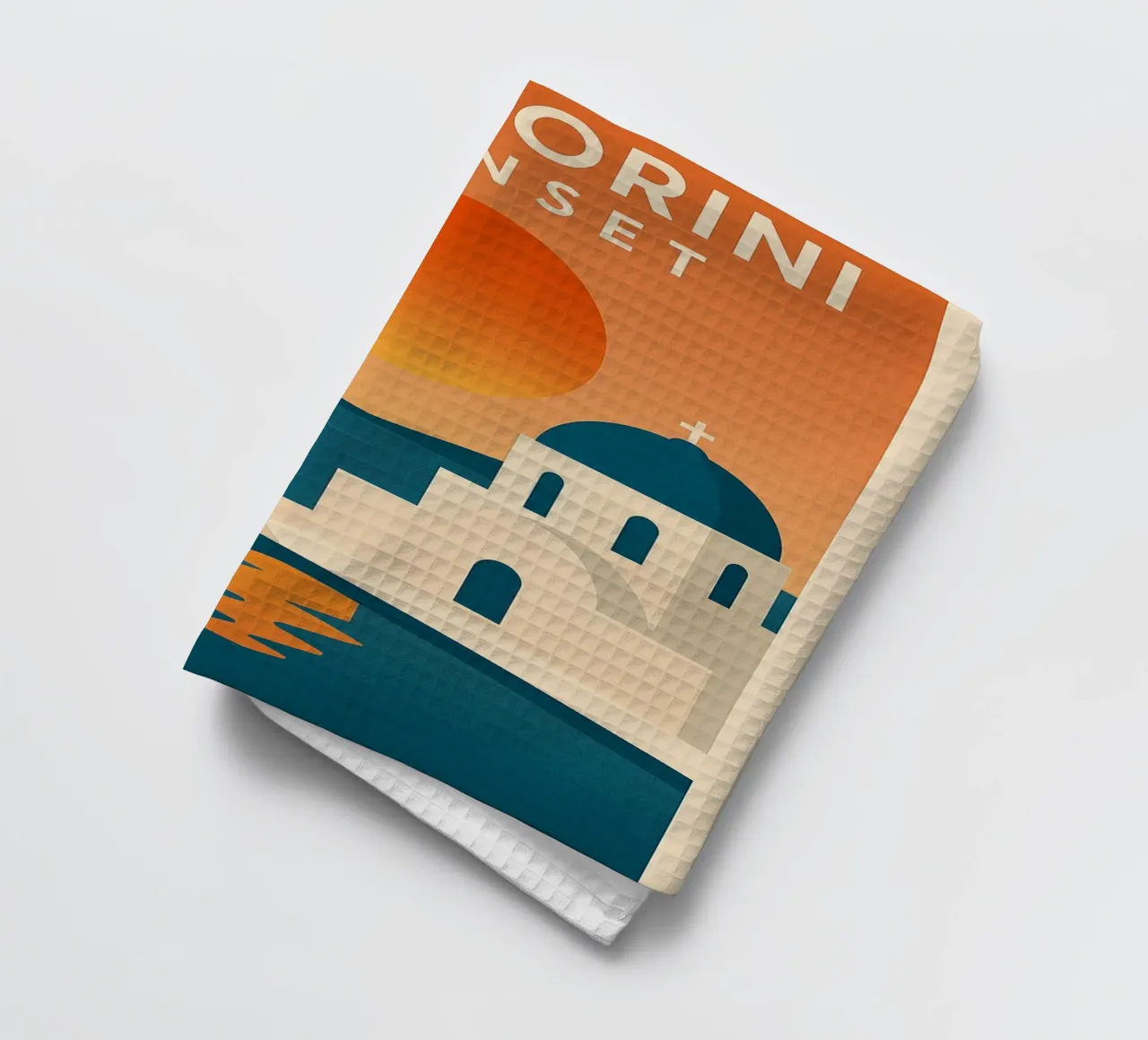 Santorini Sunset – Dômes Bleus et Mer Égée torchon de JETLAG | affiches voyage