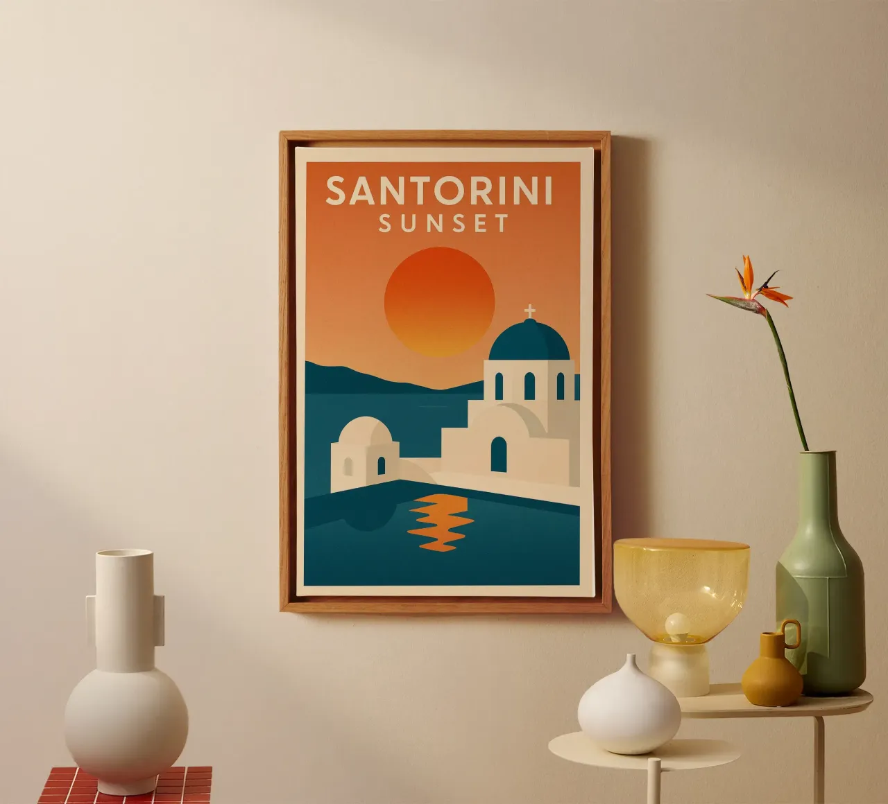 Tramonto a Santorini - Cupole blu e Mar Egeo tela con Cornice a cassetta da JETLAG | affiches voyage