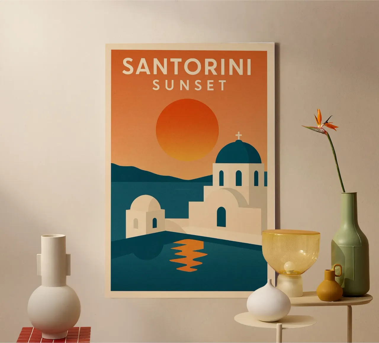Tramonto a Santorini - Cupole blu e Mar Egeo tela con Cornice a cassetta da JETLAG | affiches voyage