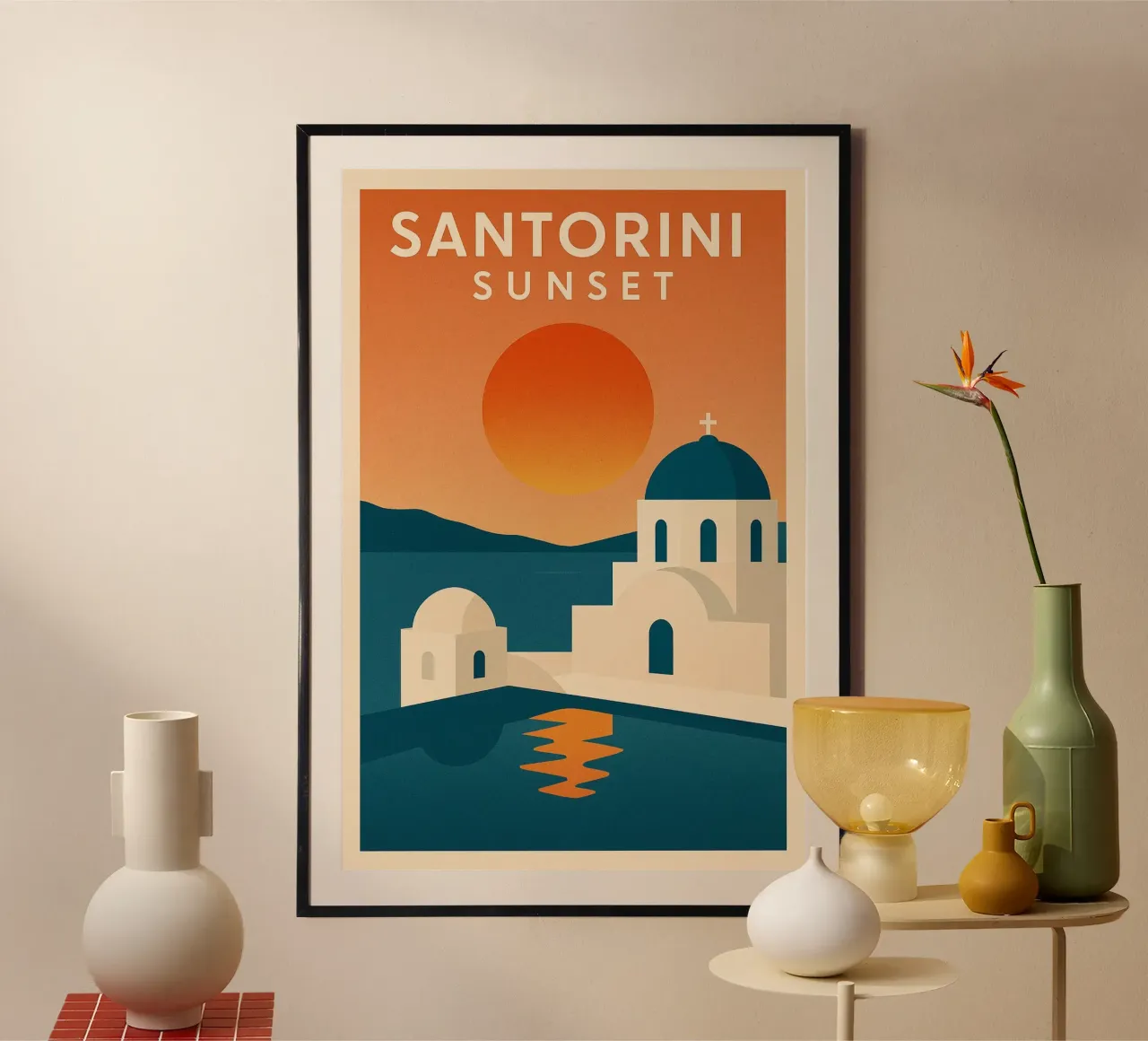 Tramonto a Santorini - Cupole blu e Mar Egeo poster con telaio in alluminio da JETLAG | affiches voyage