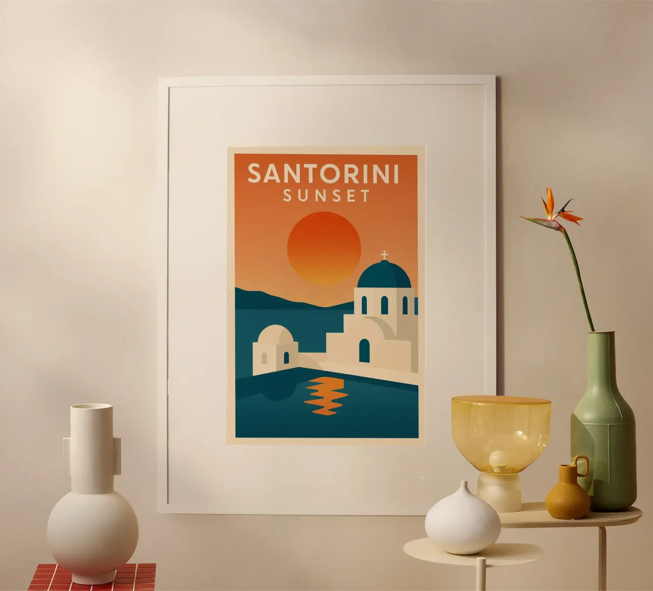Tramonto a Santorini - Cupole blu e Mar Egeo poster con telaio in alluminio da JETLAG | affiches voyage