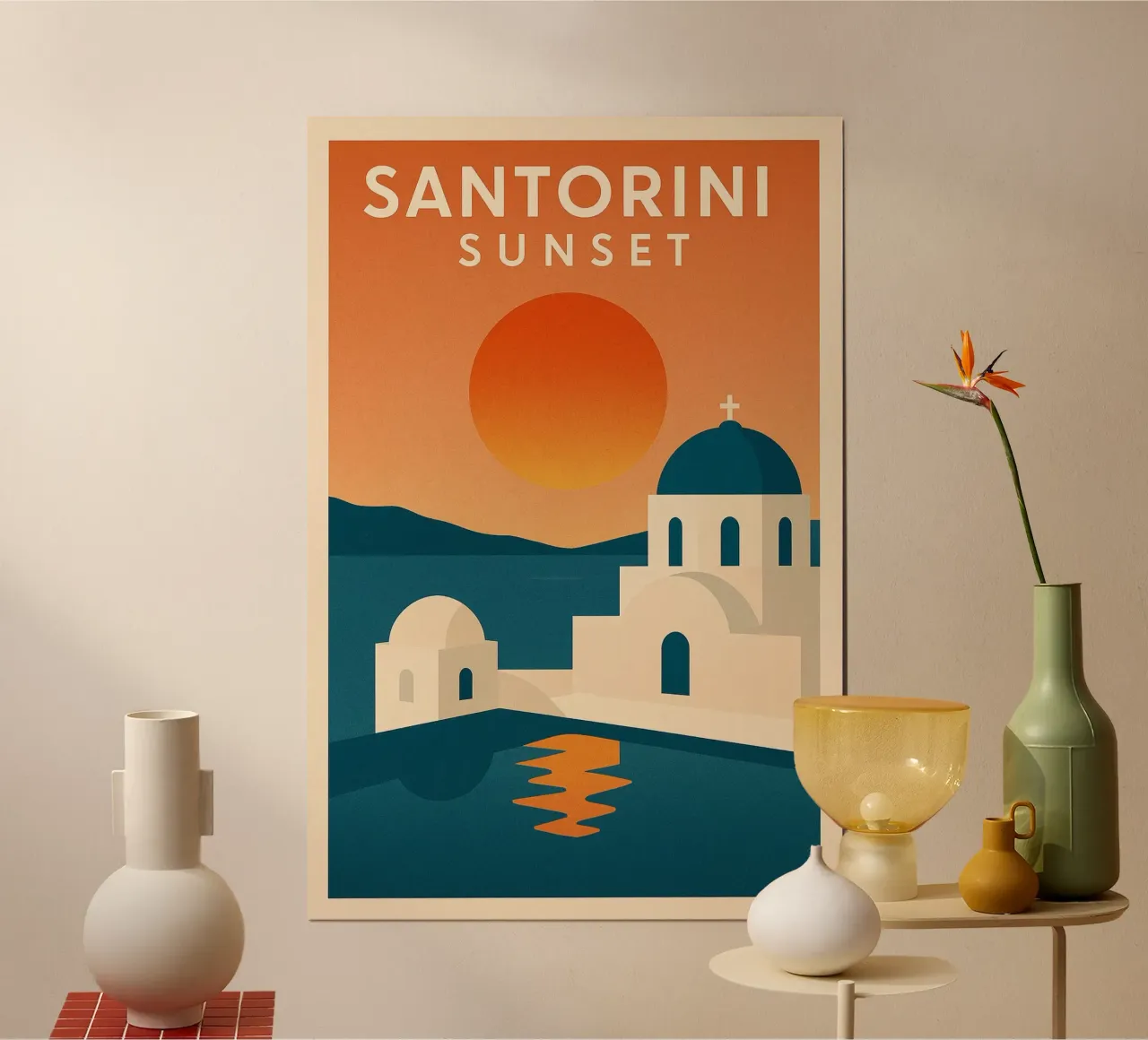 Tramonto a Santorini - Cupole blu e Mar Egeo poster con telaio in alluminio da JETLAG | affiches voyage