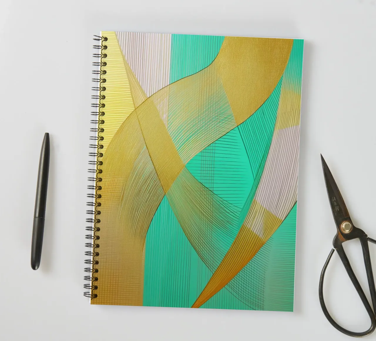 Abstract shapes in gold and turquoise spiral notebook by Imagine