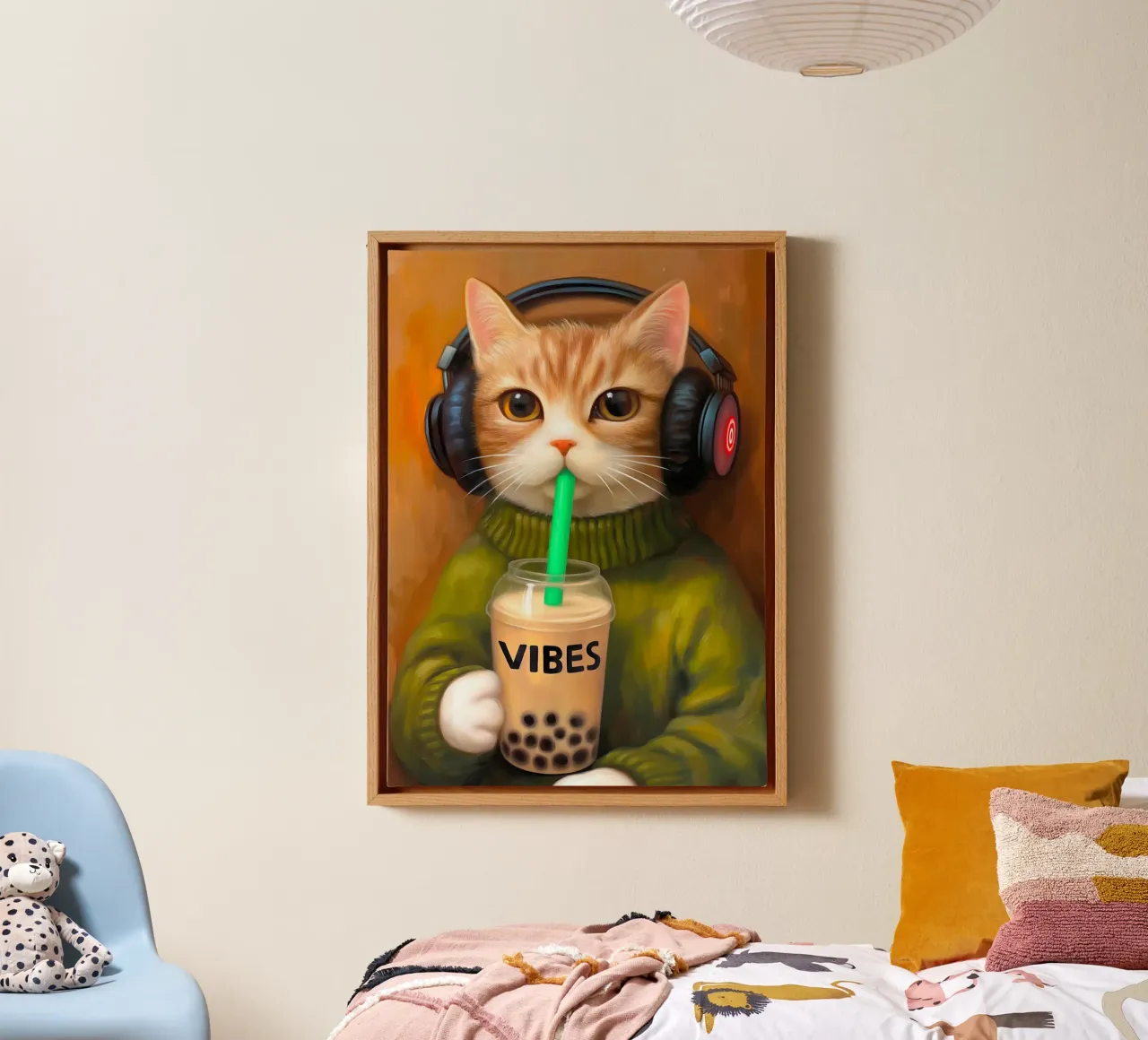Il gatto musicale ama il tè alle bollicine tela con Cornice a cassetta da Voxel Visionaries
