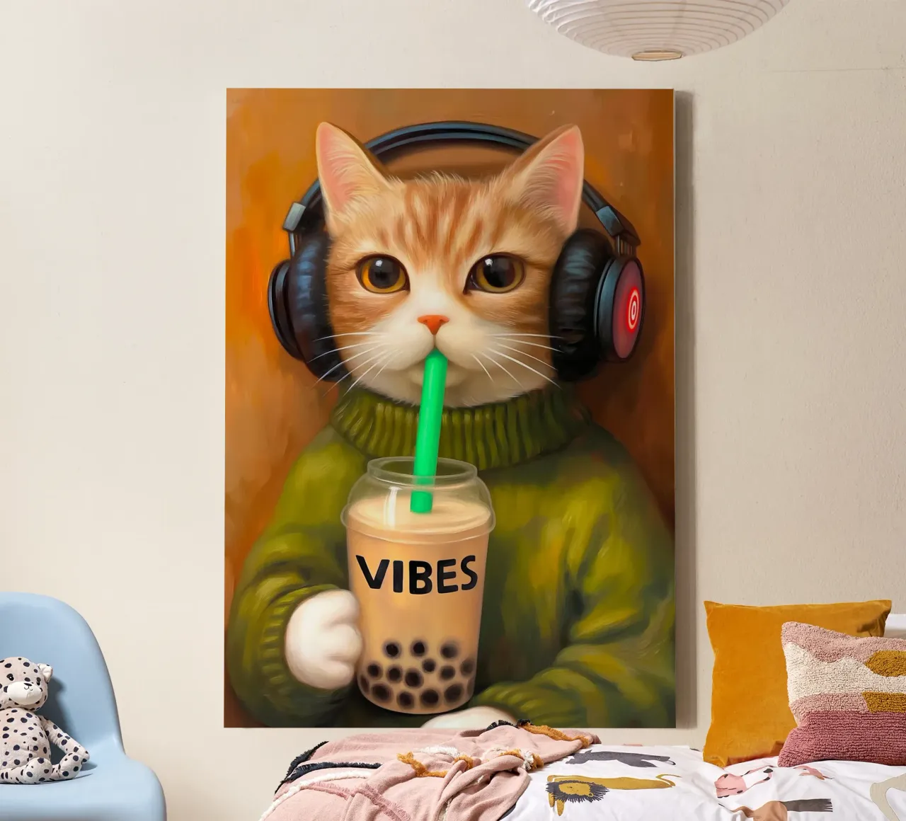 Il gatto musicale ama il tè alle bollicine tela con Cornice a cassetta da Voxel Visionaries