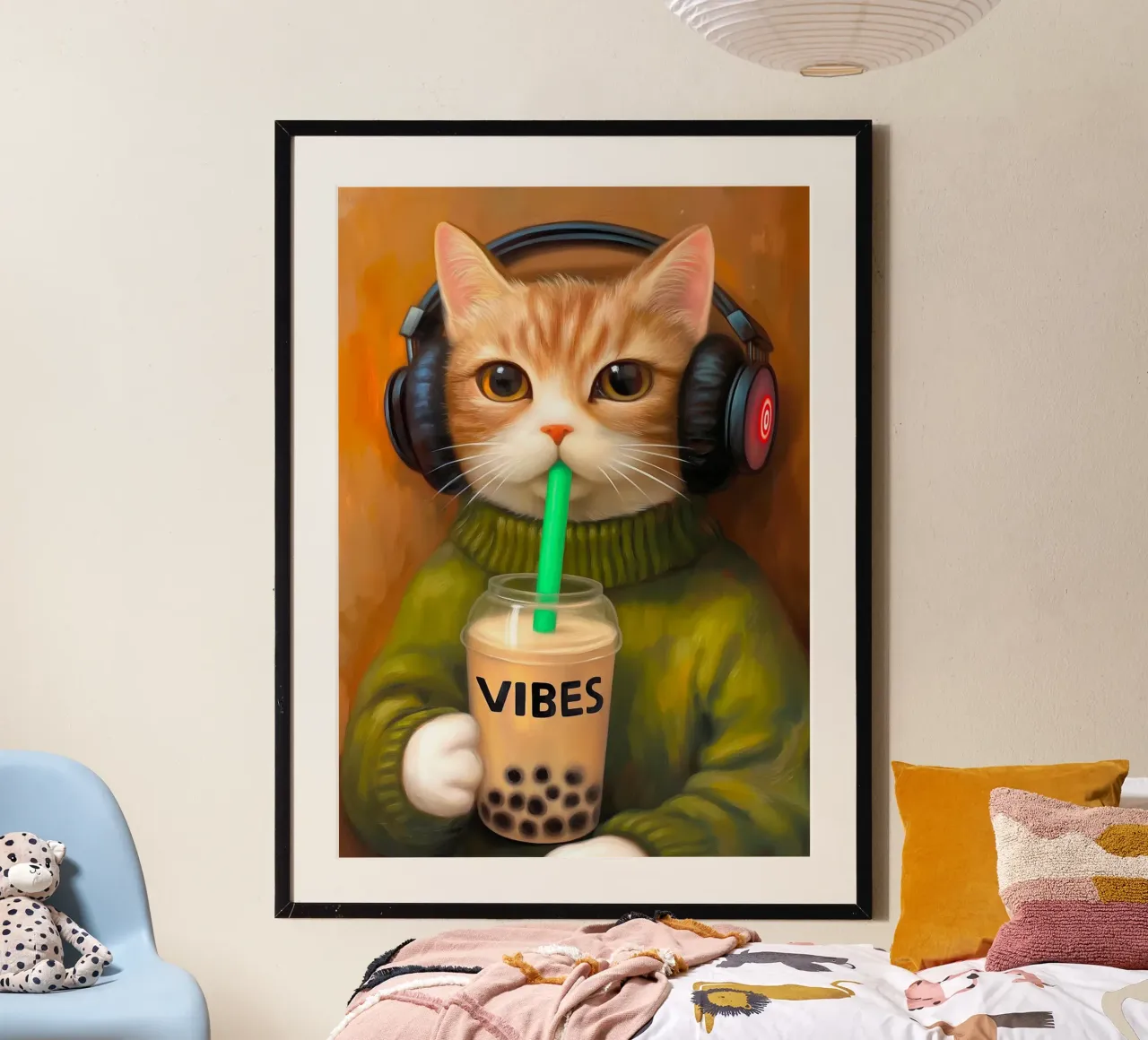 Il gatto musicale ama il tè alle bollicine poster da Voxel Visionaries