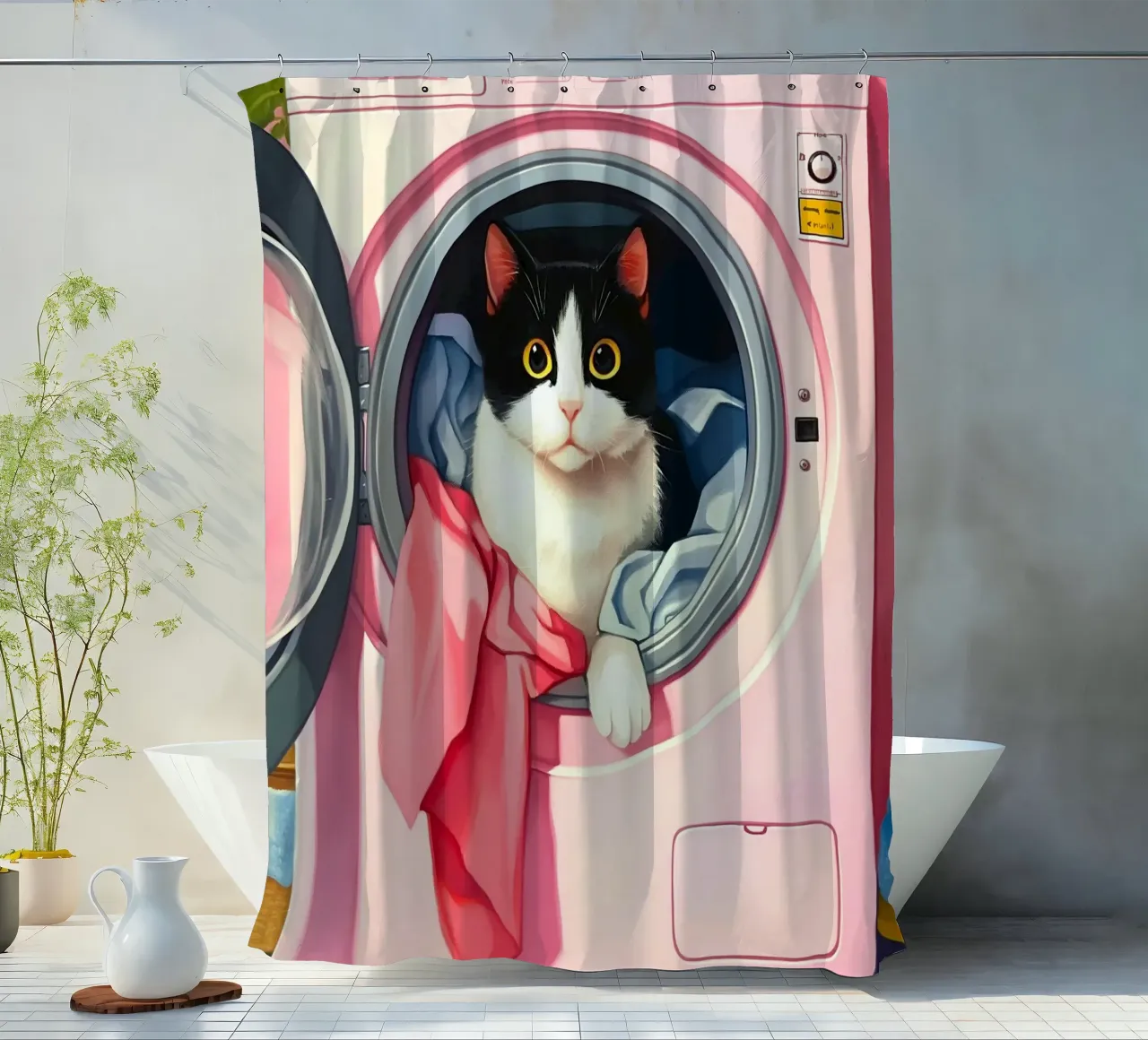 Gezellige kat in wasmachine douchegordijn van Voxel Visionaries