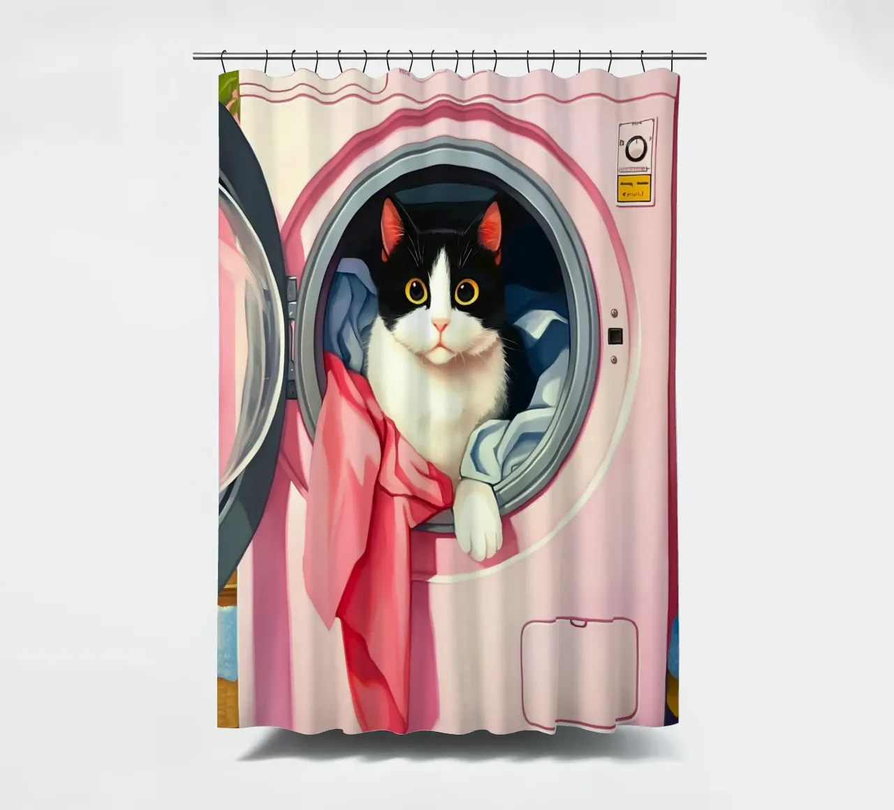 Gezellige kat in wasmachine douchegordijn van Voxel Visionaries