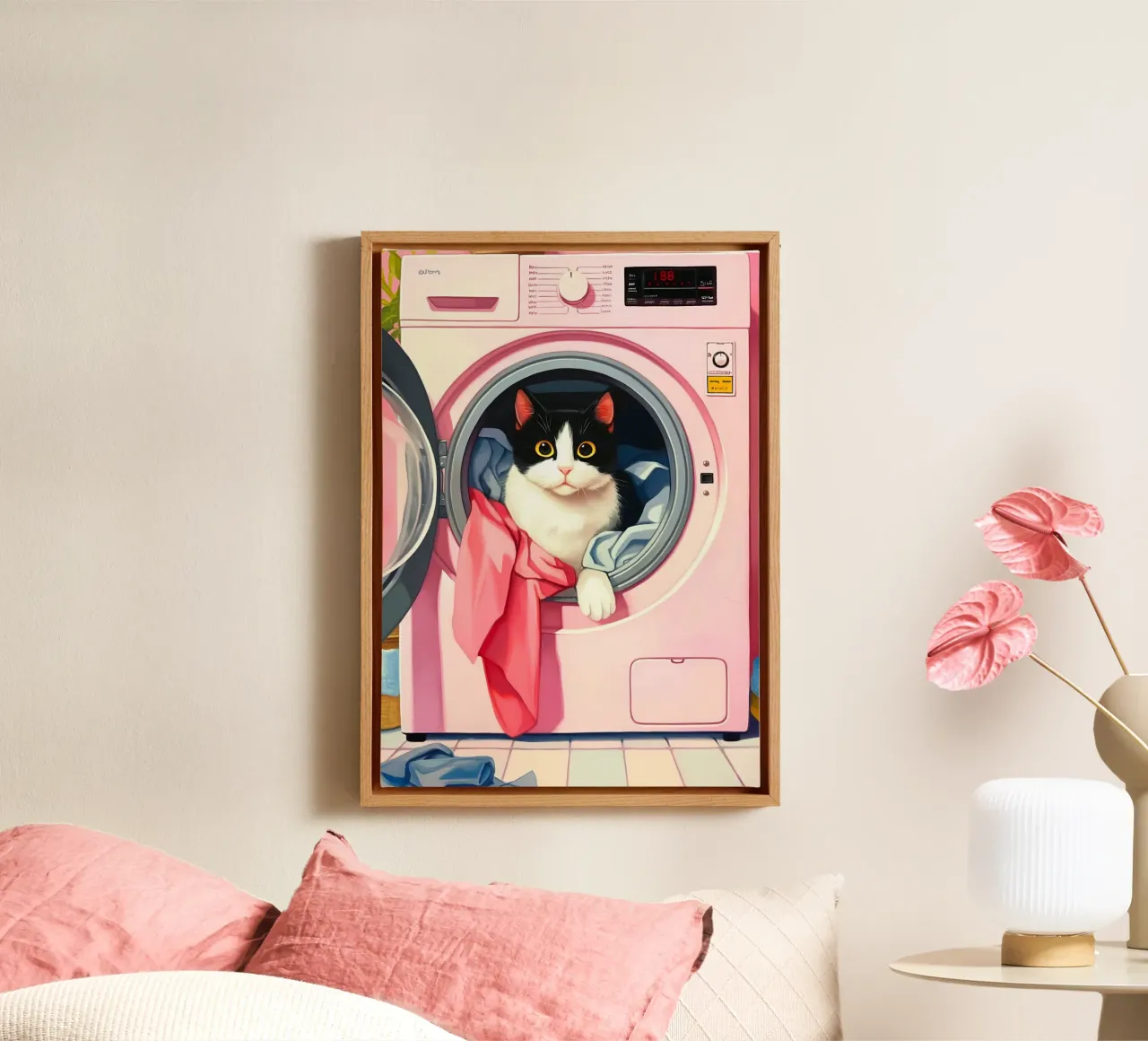 Gezellige kat in wasmachine canvas met Baklijst van Voxel Visionaries