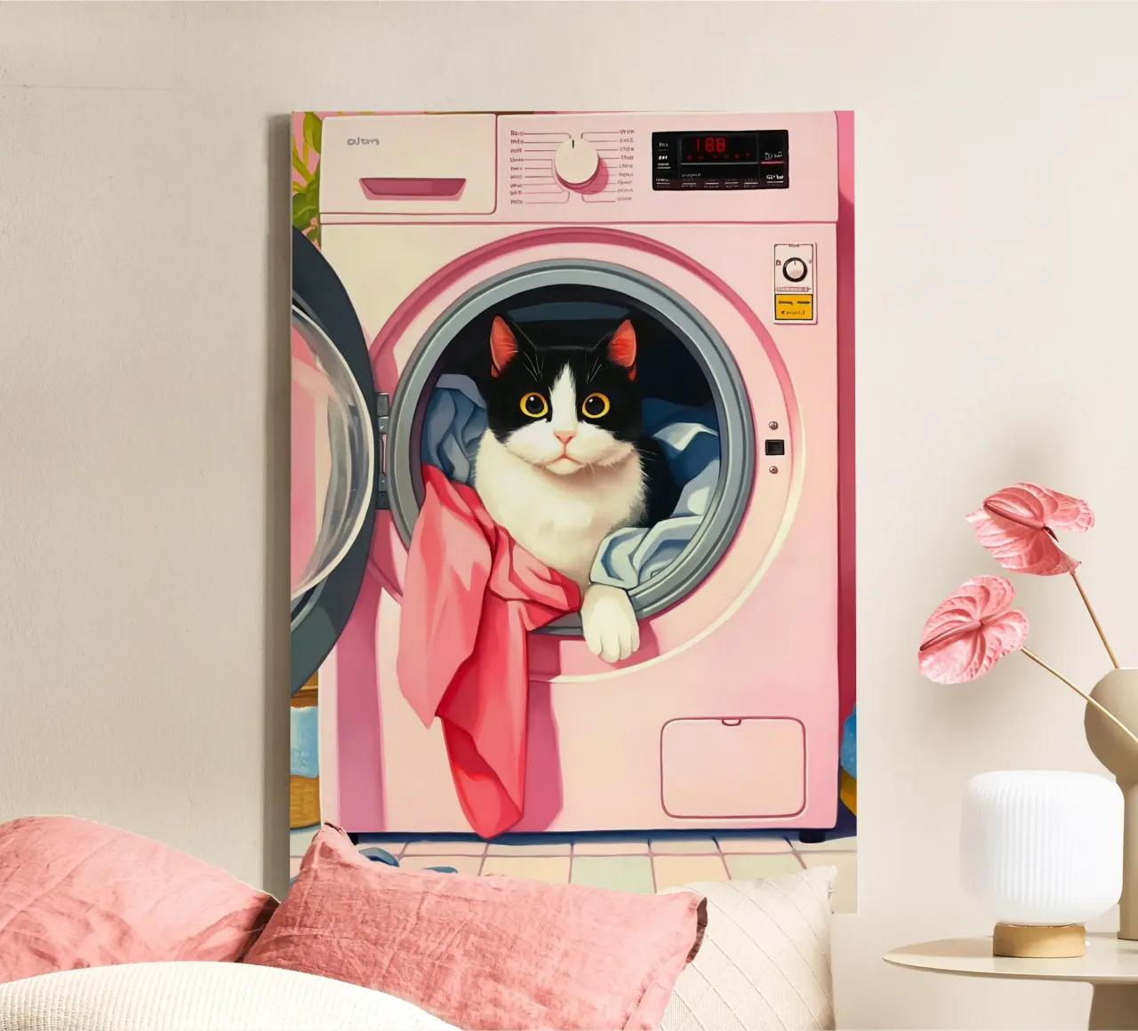Gezellige kat in wasmachine canvas met Baklijst van Voxel Visionaries