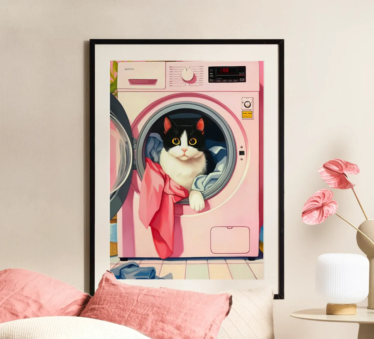 Gezellige kat in wasmachine poster van Voxel Visionaries