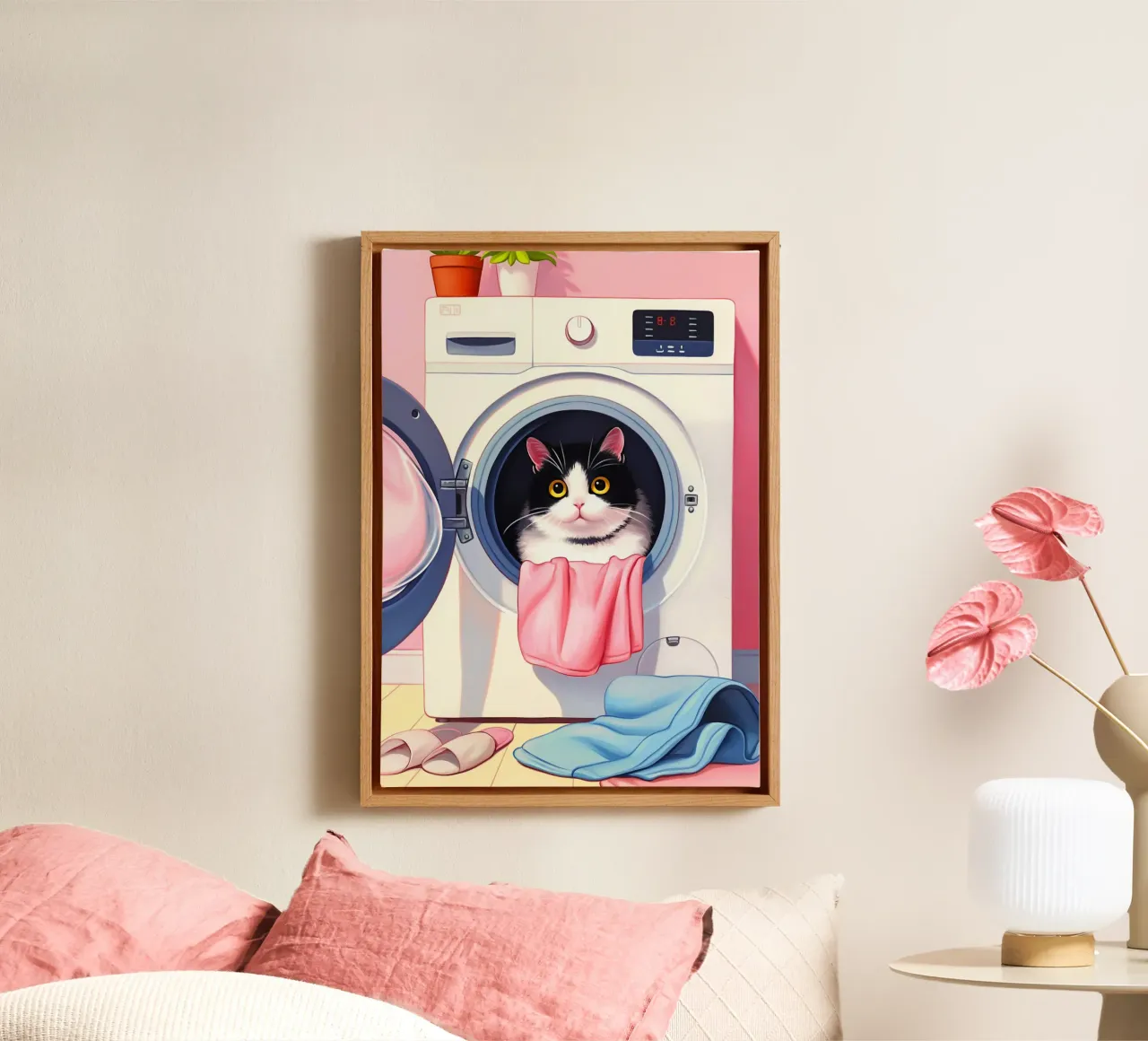 Gezellige kat in wasmachine canvas met Baklijst van Voxel Visionaries