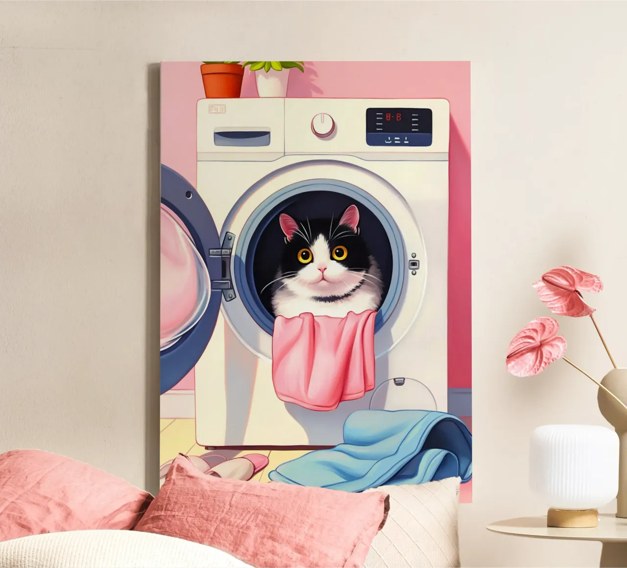 Gezellige kat in wasmachine canvas met Baklijst van Voxel Visionaries