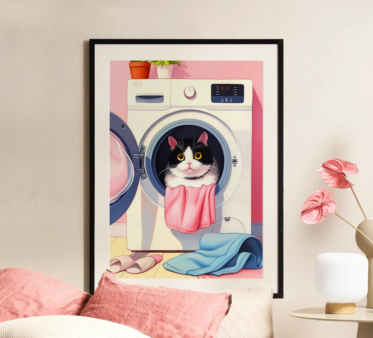 Gezellige kat in wasmachine poster met aluminium frame van Voxel Visionaries