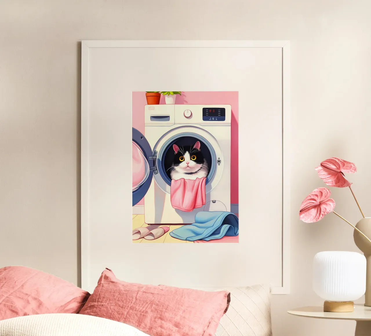 Gezellige kat in wasmachine poster met aluminium frame van Voxel Visionaries