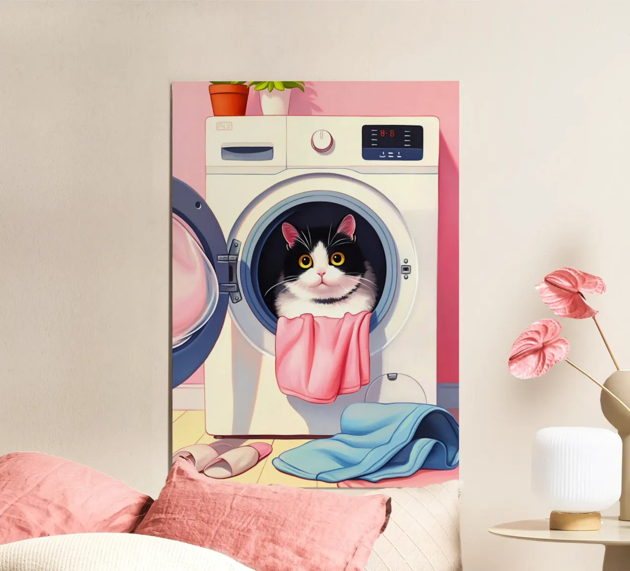 Gezellige kat in wasmachine poster met aluminium frame van Voxel Visionaries