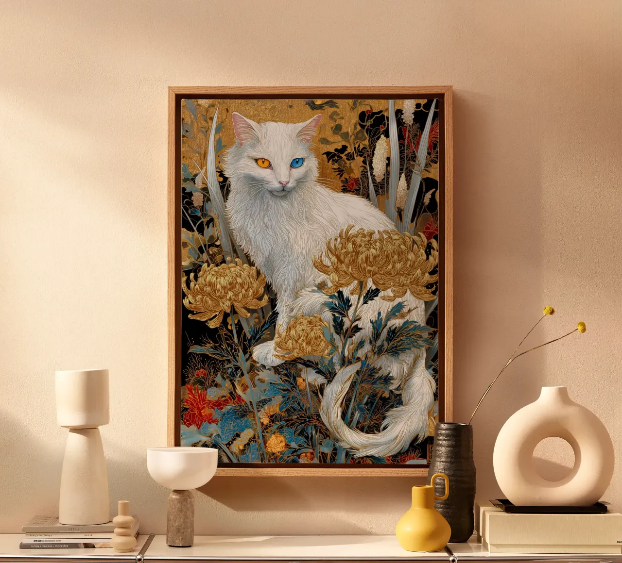 Gatto Ukiyo-e tela con Cornice a cassetta da Voxel Visionaries