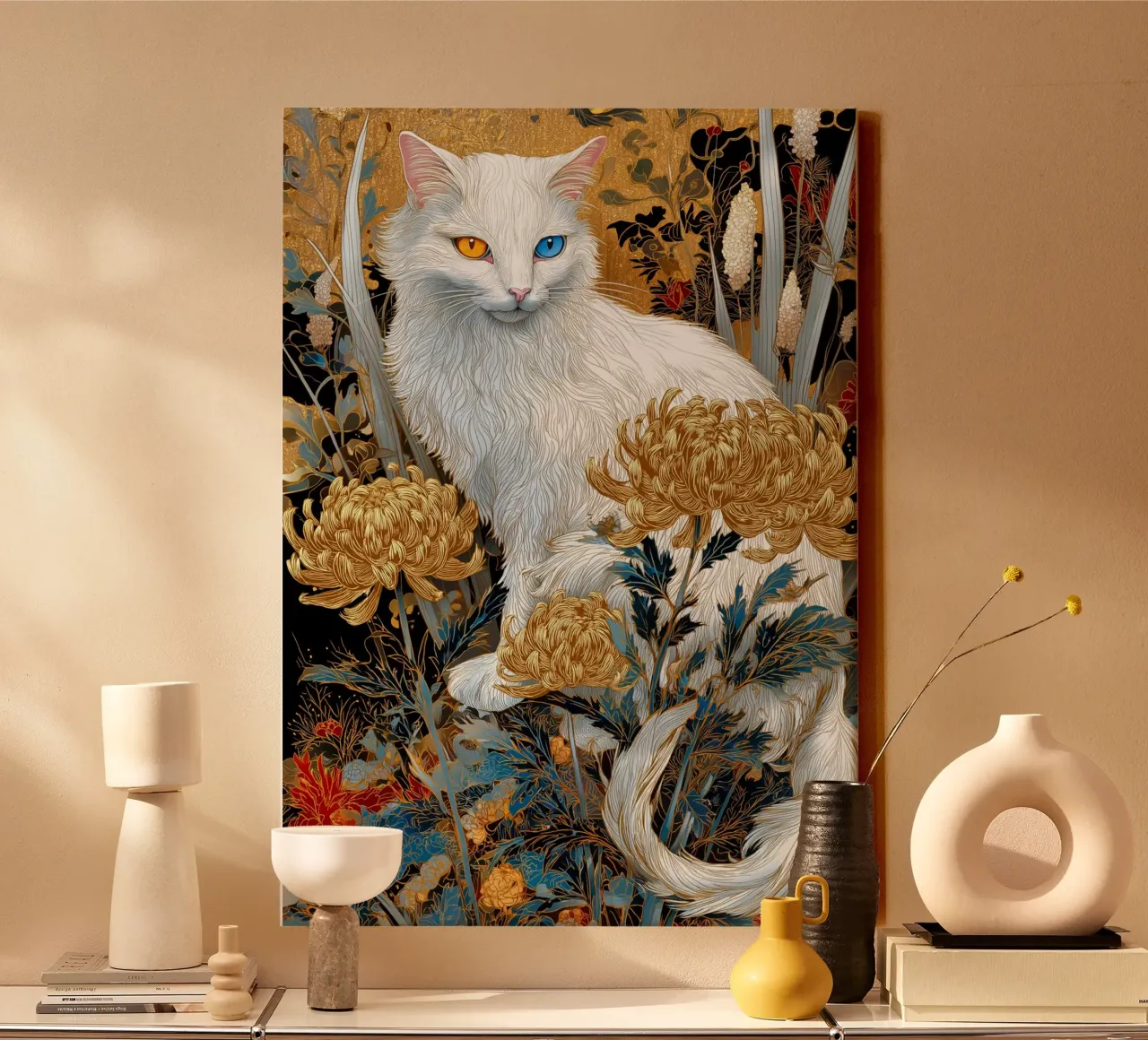 Gatto Ukiyo-e tela con Cornice a cassetta da Voxel Visionaries