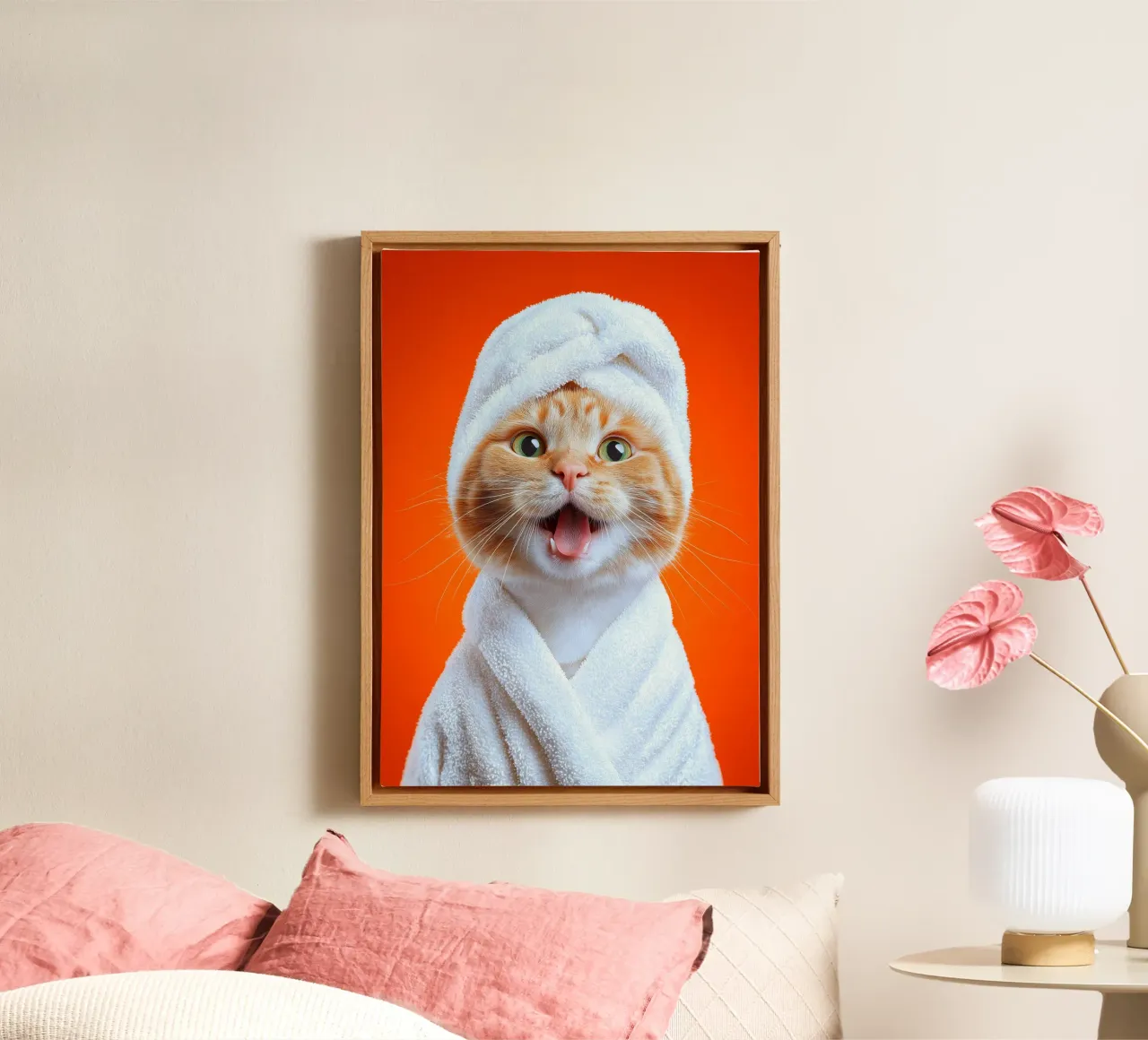 Gatto carino in accappatoio tela con Cornice a cassetta da Voxel Visionaries