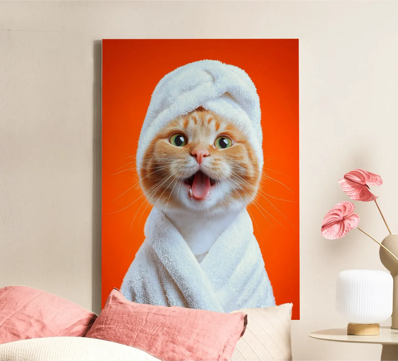 Gatto carino in accappatoio tela con Cornice a cassetta da Voxel Visionaries