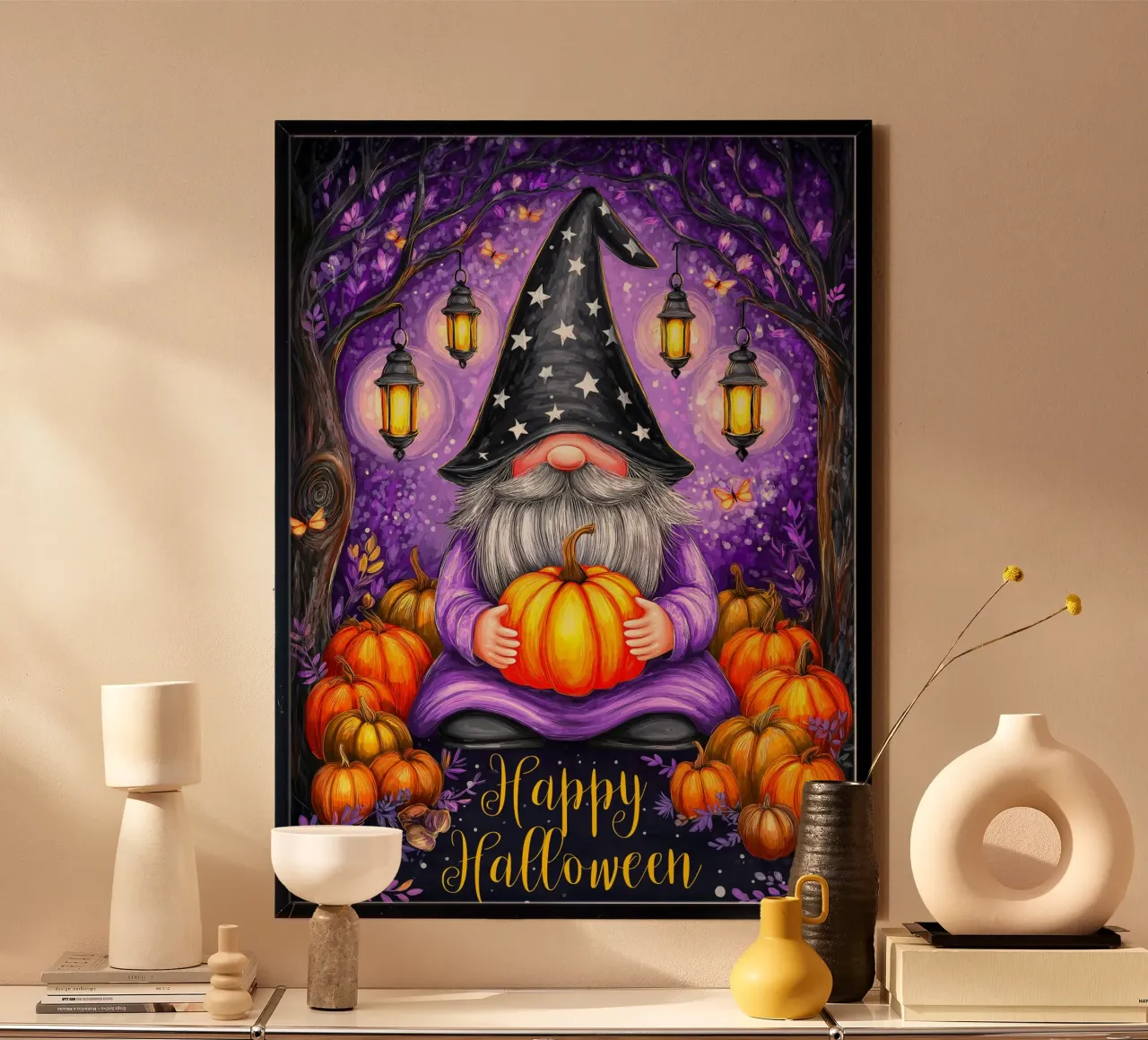 Mago e zucca di Halloween poster con telaio in legno da Voxel Visionaries