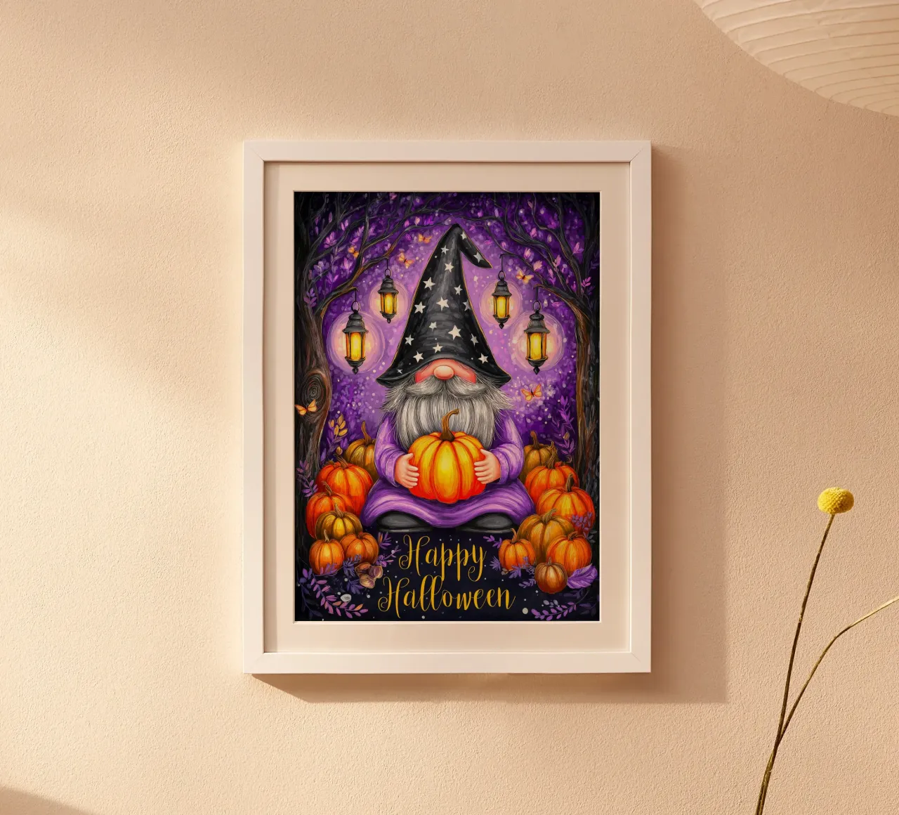 Mago e zucca di Halloween poster con telaio in legno da Voxel Visionaries
