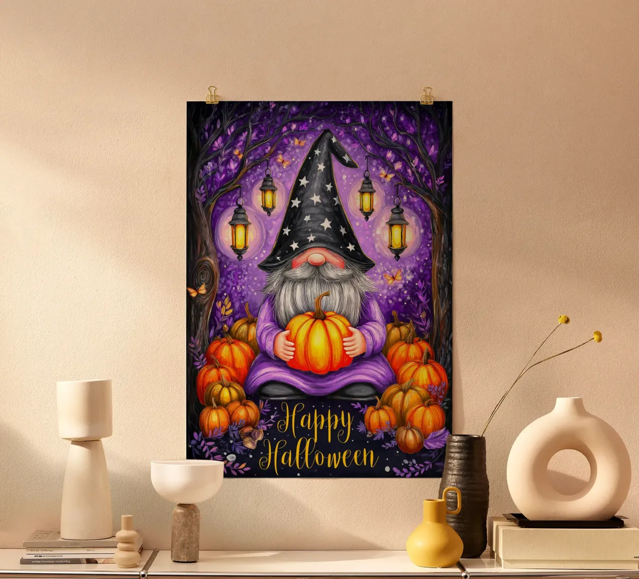 Mago e zucca di Halloween poster con telaio in legno da Voxel Visionaries