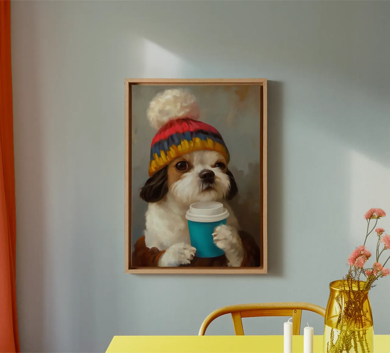 Cane e caffè accogliente tela con Cornice a cassetta da Voxel Visionaries