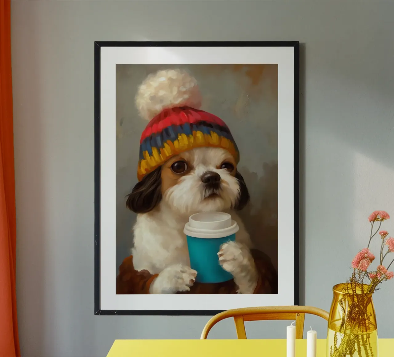 Cane e caffè accogliente poster con telaio in legno da Voxel Visionaries