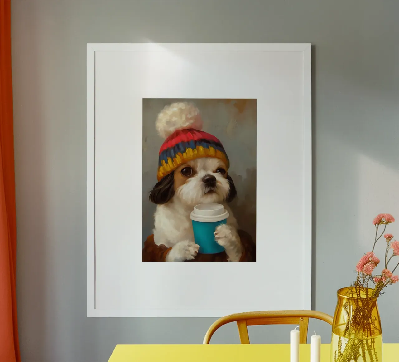 Cane e caffè accogliente poster con telaio in legno da Voxel Visionaries
