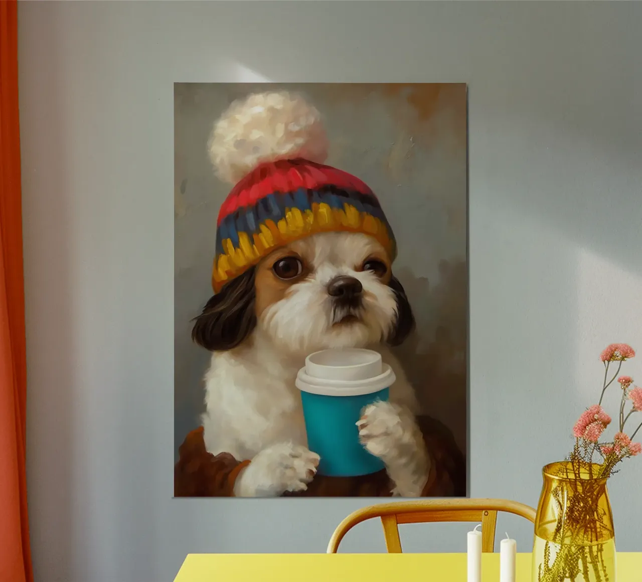 Cane e caffè accogliente poster con telaio in legno da Voxel Visionaries