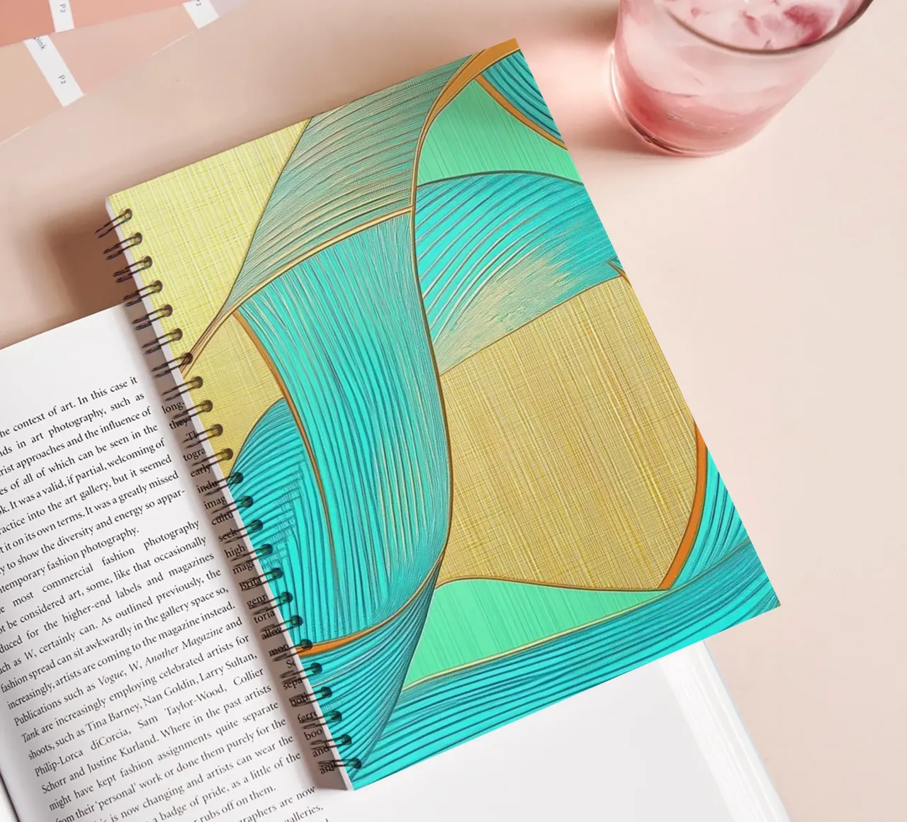 Abstract shapes in gold and turquoise spiral notebook by Imagine