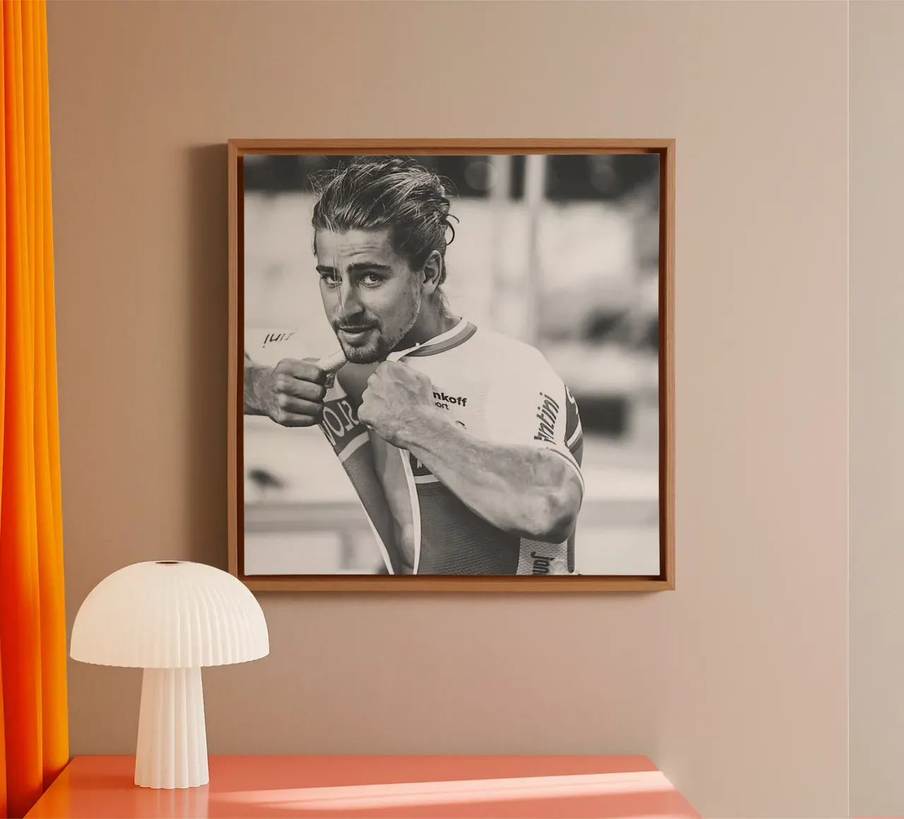 peter sagan is taking off his clothes canvas with Floater frame by addelia shope
