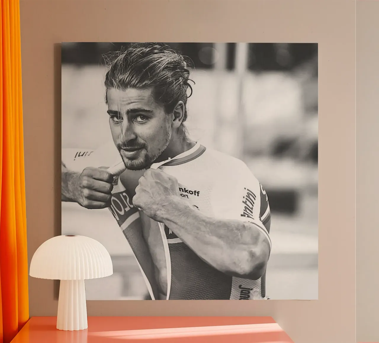 peter sagan is taking off his clothes canvas with Floater frame by addelia shope