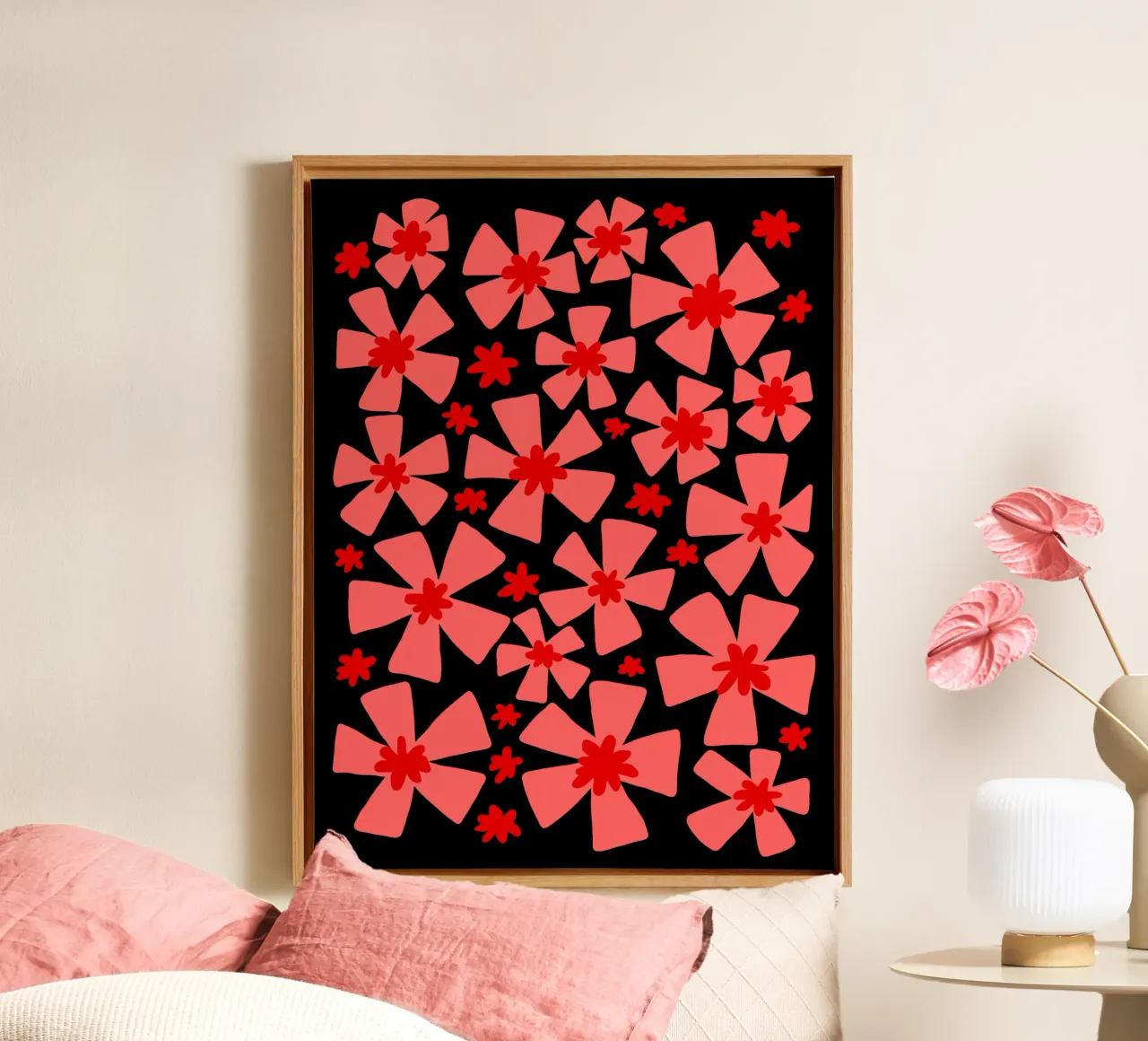 Valentine red and pink vibrant abstract flowers tela con Cornice a cassetta da TijanaArtStudio88