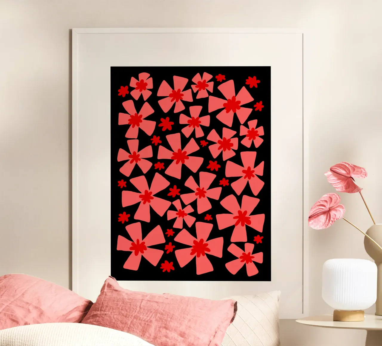 Valentine red and pink vibrant abstract flowers poster con telaio in legno da TijanaArtStudio88