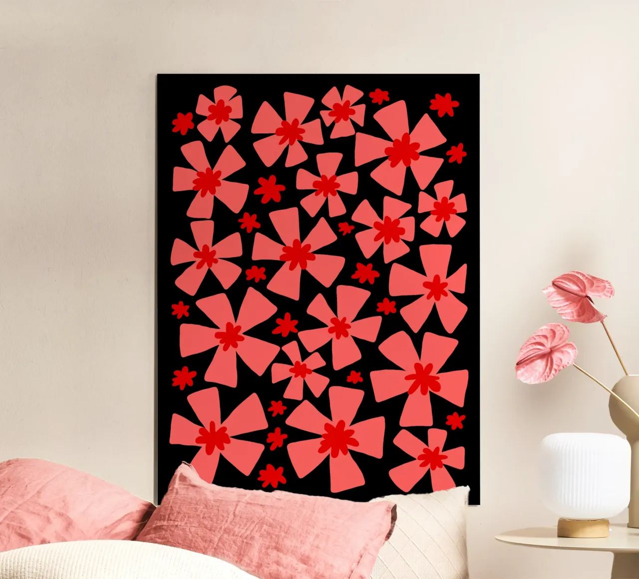 Valentine red and pink vibrant abstract flowers poster con telaio in legno da TijanaArtStudio88