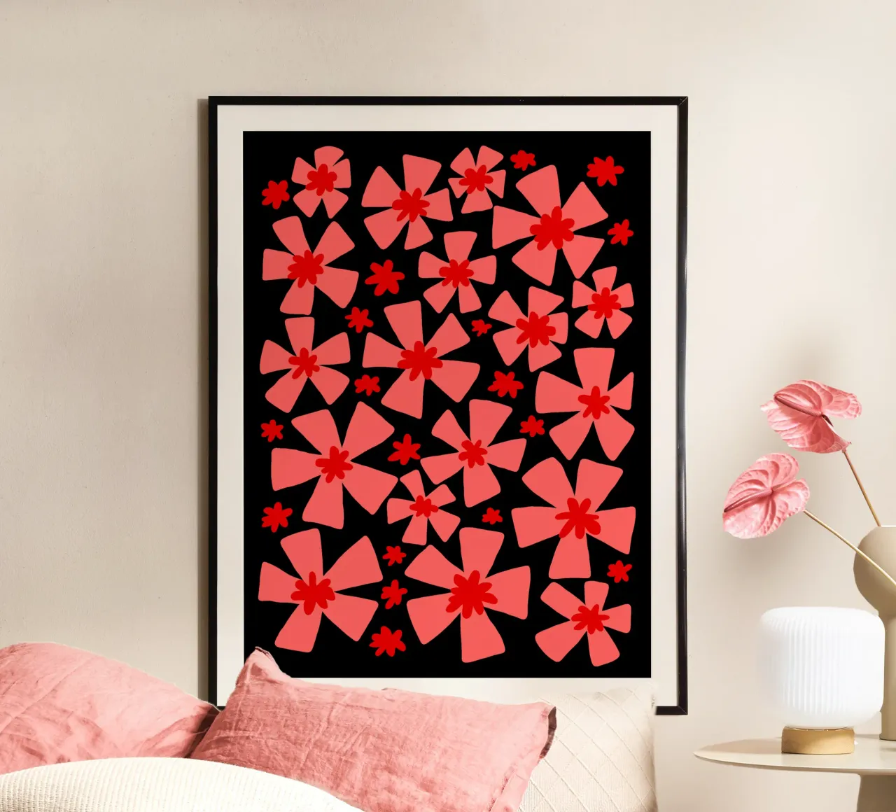 Valentine red and pink vibrant abstract flowers poster con telaio in legno da TijanaArtStudio88