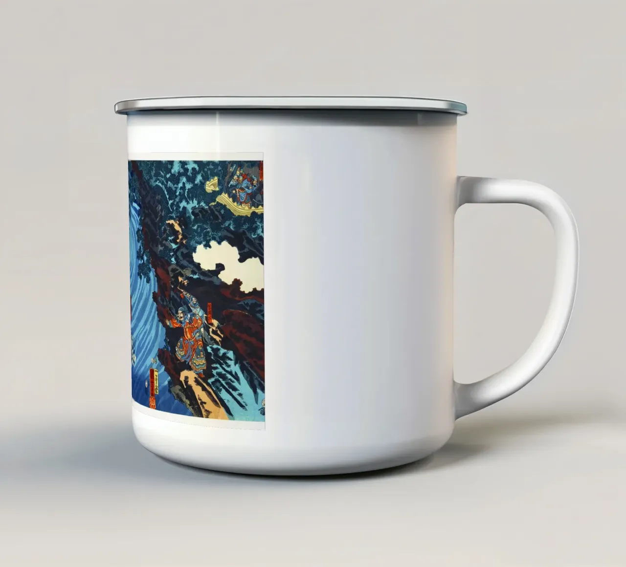 Gentoku Uma o Odorashite Tankei o Koeru zu di Utagawa Kuniyo tazza in smalto da Venus Art