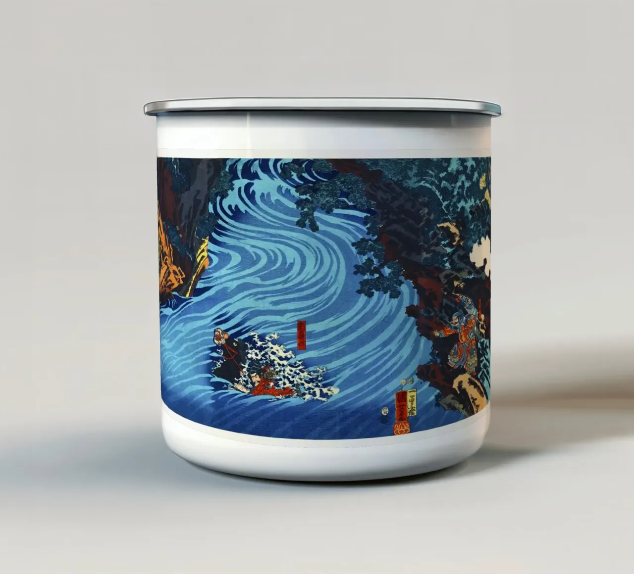 Gentoku Uma o Odorashite Tankei o Koeru zu di Utagawa Kuniyo tazza in smalto da Venus Art